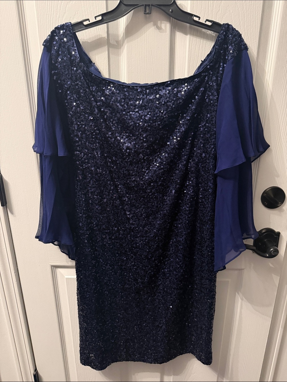 Navy Sequin Midi Dress with Chiffon Flutter Sleeves
